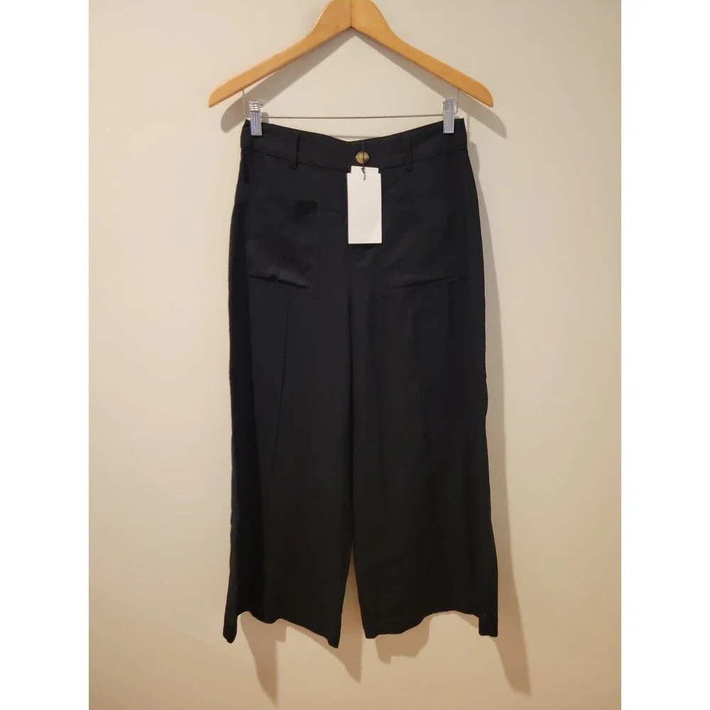 NWT ZARA Black Linen Wide Leg Ankle Pants Women’s S Preppy Modern Work Business